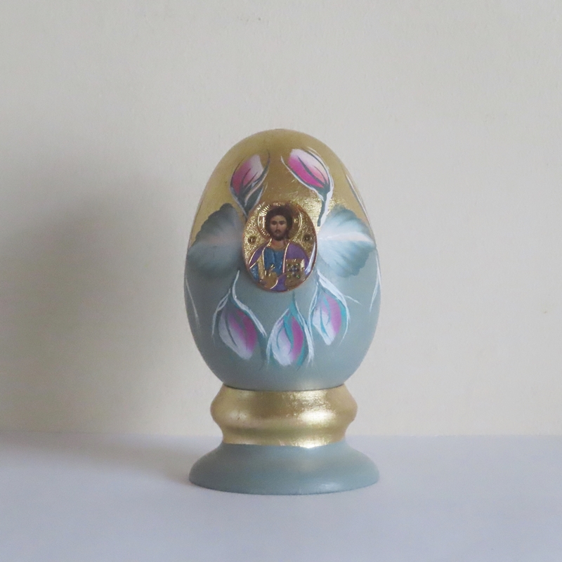 木製イースターエッグ皿 キリスト彫刻付き イコン マリアとイエスのアイコン木製イースターエッグ 4 インチ